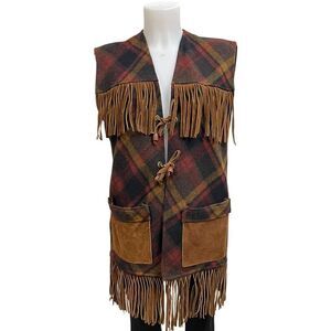 COPY - PIONEER‎ WEAR VINTAGE WOMENS / UNISEX PLAID WOOL SUEDE FRINGE VEST Coat